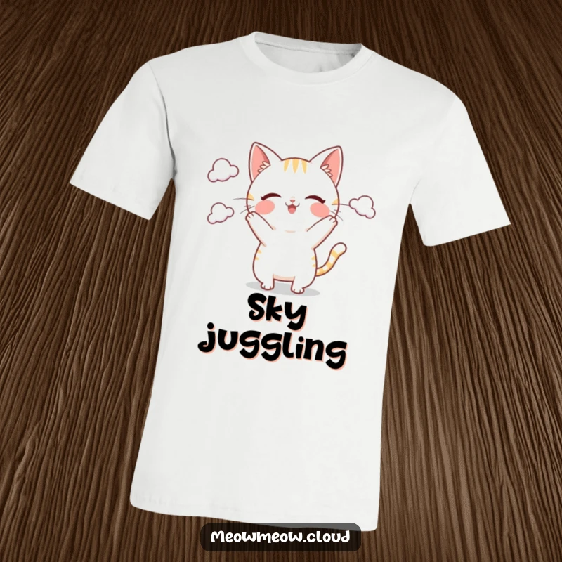 Funny T-Shirt depicting a playful cat character tossing small clouds in the air, perfect for those who love fantasy and fun.