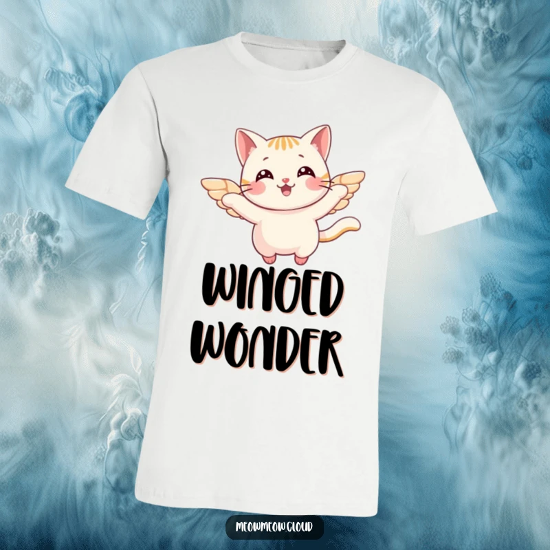 Funny T-Shirt depicting a cheerful cat with small wings, happily flying through the clouds, perfect for fantasy lovers.
