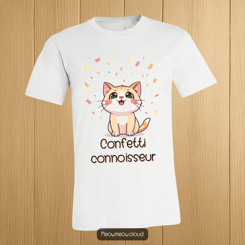 Funny t-shirt featuring a happy cat character looking up with wide eyes at falling confetti, capturing a moment of pure celebratory bliss.