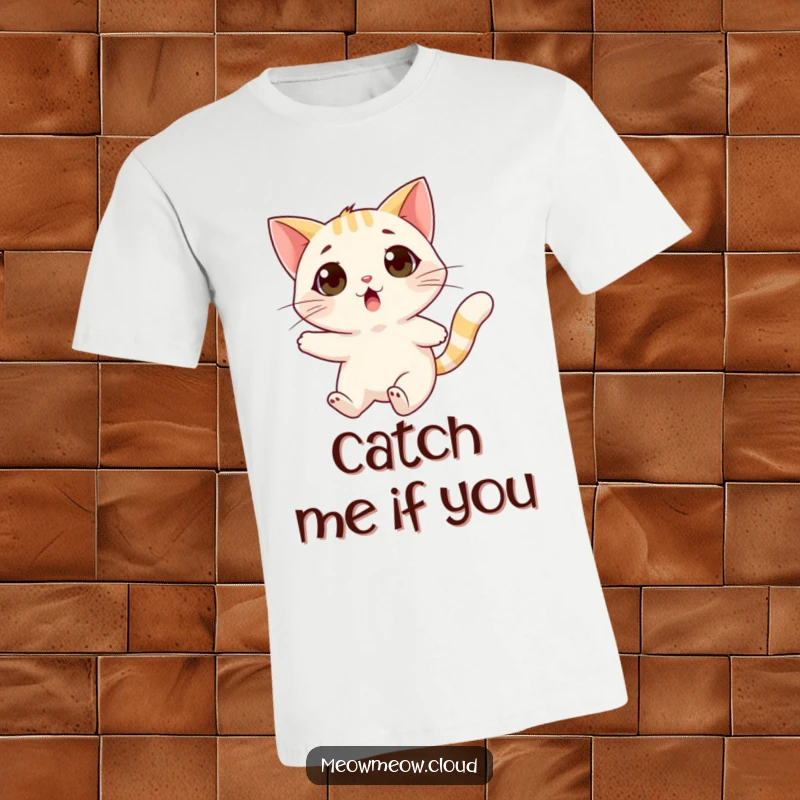 Funny surprised cat t-shirt depicting a feline adventurer joyfully carried by a friendly gust of wind.
