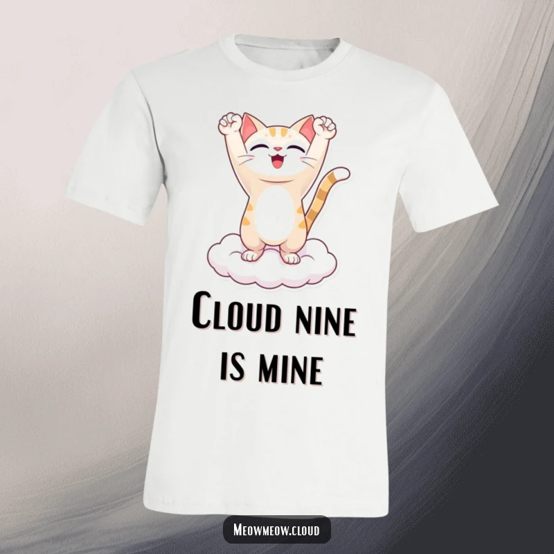 Funny t-shirt with a triumphant cat character standing proudly on a cloud, arms triumphantly raised, symbolizing success and joy.