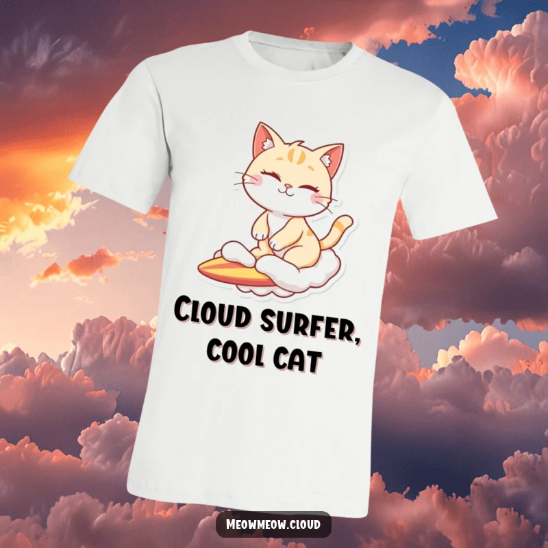 Funny t-shirt featuring a winking cat character riding a puffy cloud like a surfboard, capturing a moment of pure fun.