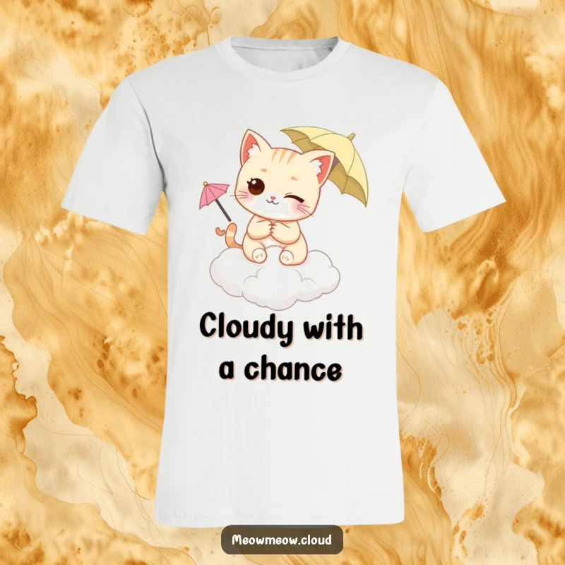 Funny Winking Cat T-Shirt showing a feline perched on a cloud, holding a tiny umbrella with a sly grin. Playful graphic tee.