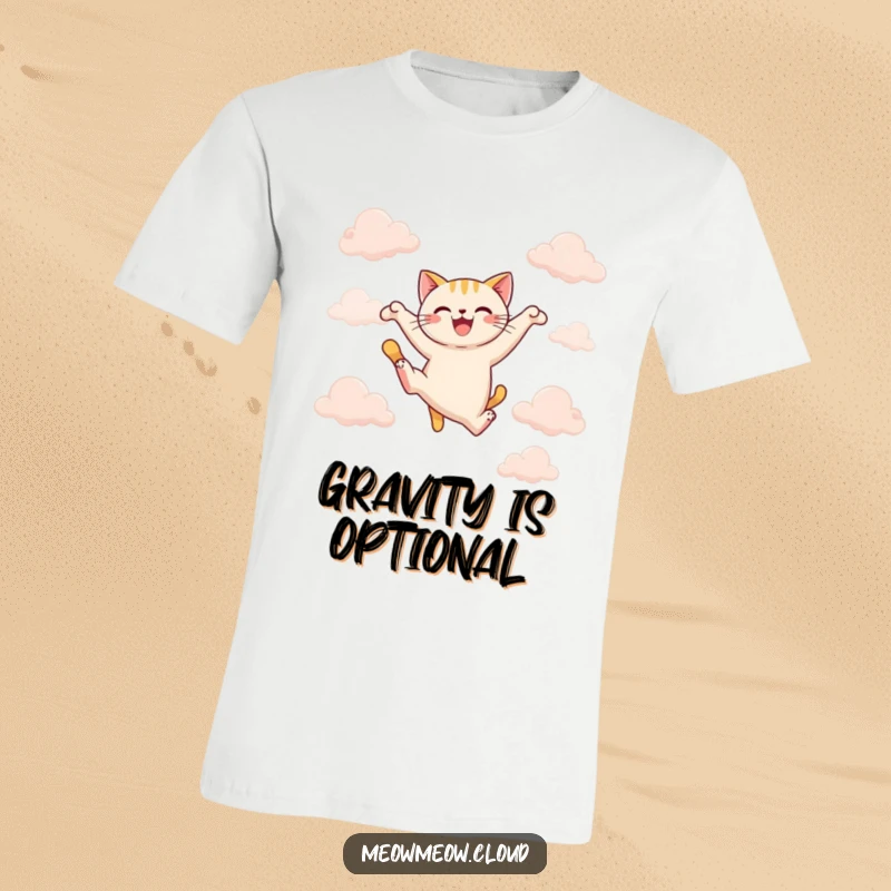 Funny joyful cat performing a graceful leap between clouds, a humorous t-shirt for action lovers and funny gift ideas.