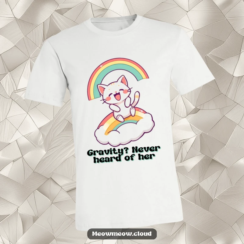 Funny t-shirt showing a delighted cartoon cat sliding down a colorful rainbow onto a soft cloud.