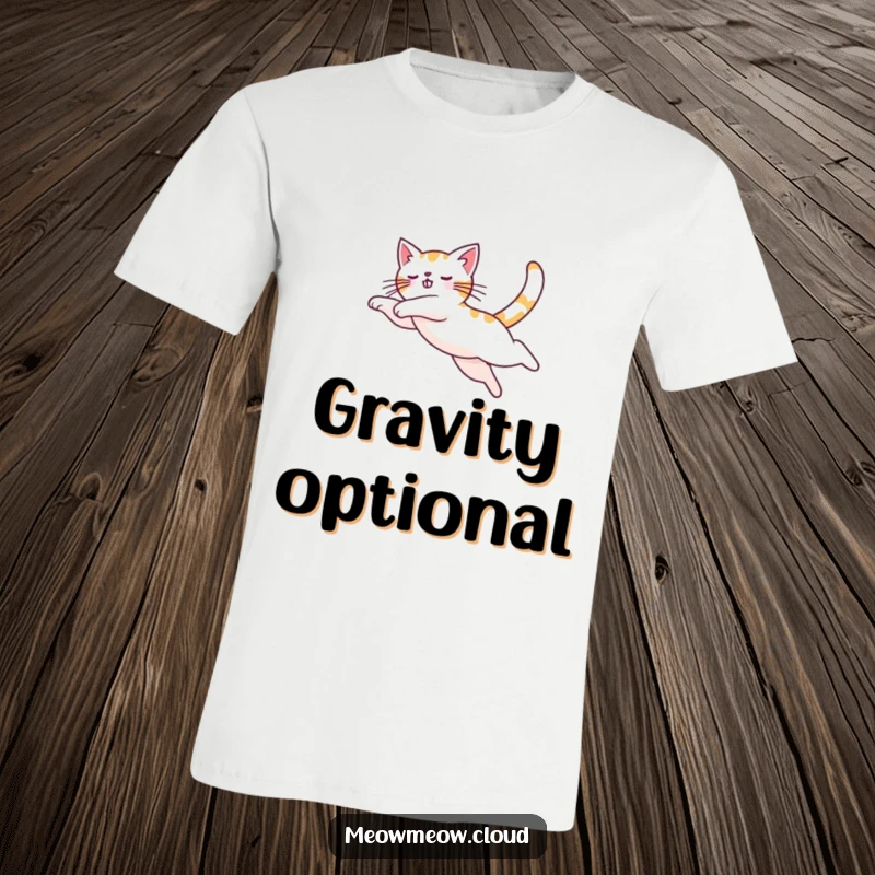 Funny cat gracefully leaping in an arc through the sky, featured on a comfortable athletic t-shirt, perfect for active people.