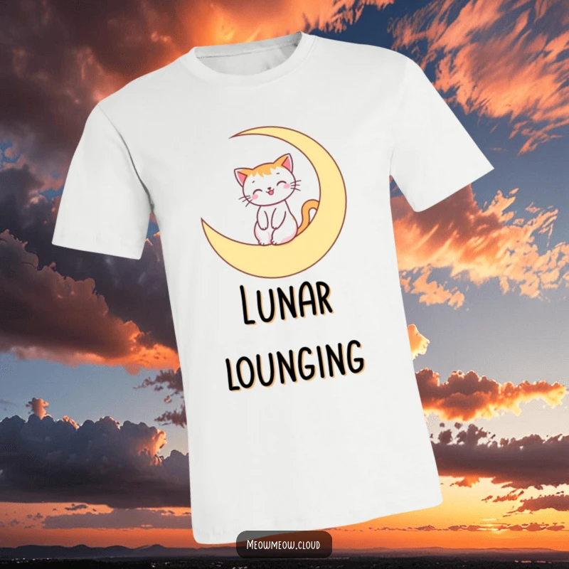 Funny T-Shirt with a smiling cat character perched on a crescent moon, drifting through a starry expanse, perfect for space lovers.