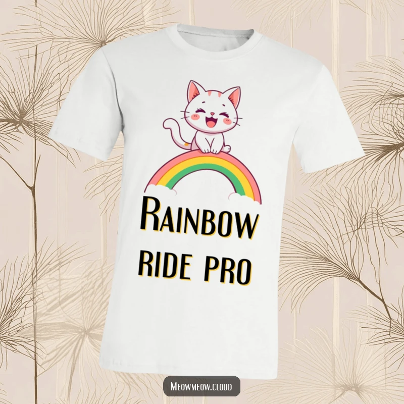 Funny t-shirt featuring a cheerful cat character riding a rainbow arch like a slide, exuding happiness and playful energy.
