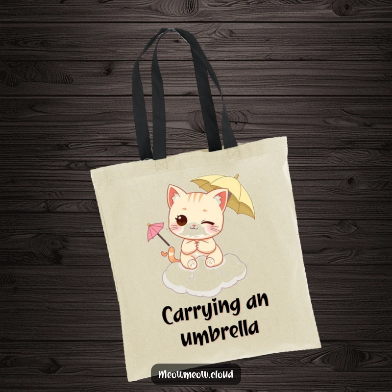 Funny Winking Cat Tote Bag featuring a cat on a cloud, holding a tiny umbrella, ready for any weather. Cute and practical bag.