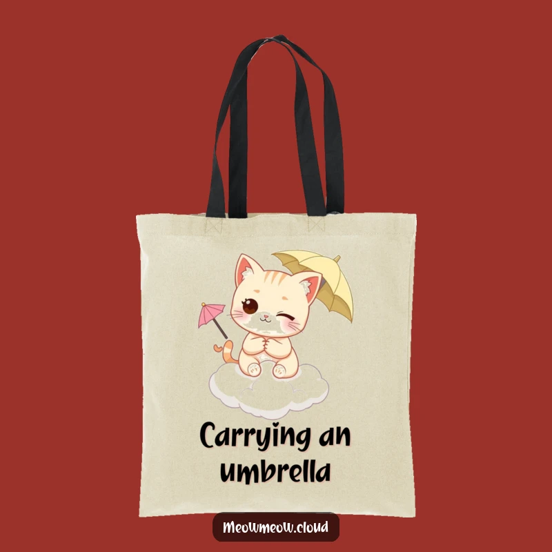 Funny Winking Cat Tote Bag - Cloud & Umbrella Character Carry-All