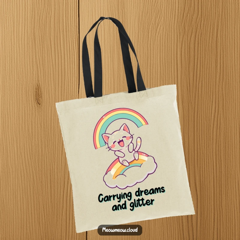 Funny tote bag depicting an excited cartoon cat sliding down a vivid rainbow onto a cloud.