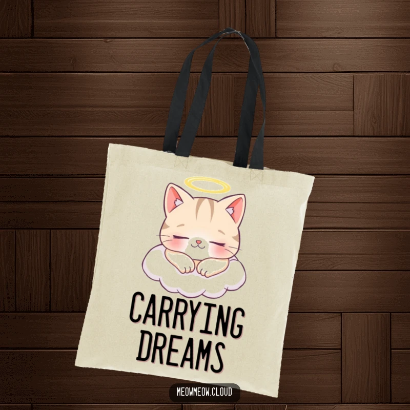 Funny tote bag with a cheerful cat wearing a halo, napping on a cloud, looking utterly peaceful and cute.