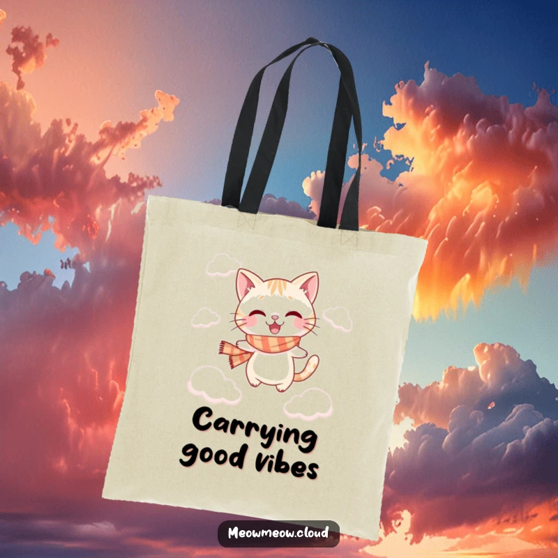 Funny jumping cat tote bag featuring a playful cat in a scarf, leaping between fluffy clouds.