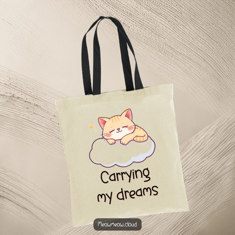 Funny cat cloud tote bag depicting a content cat sleeping soundly on a fluffy cloud, a soft and cute accessory.
