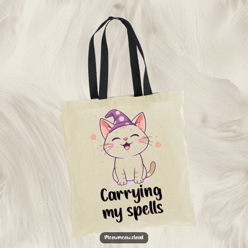 Funny wizard cat tote bag, a cat wizard scattering cloud confetti, a humorous and magical accessory for carrying daily items.