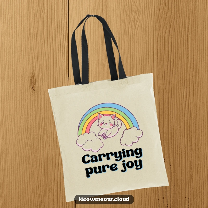 Funny tote bag illustrating a playful cat sliding down a rainbow over a cloud, a charming and practical accessory.
