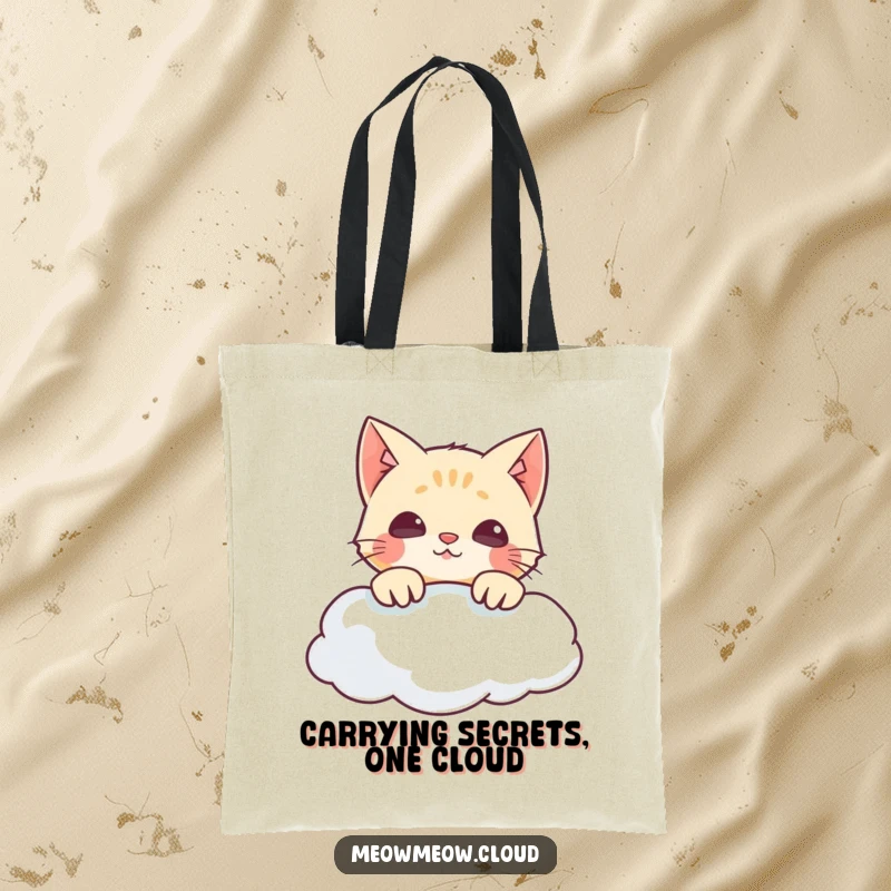 Funny tote bag featuring a mischievous cat peeking over a cloud, ideal for errands with a hint of wonder.