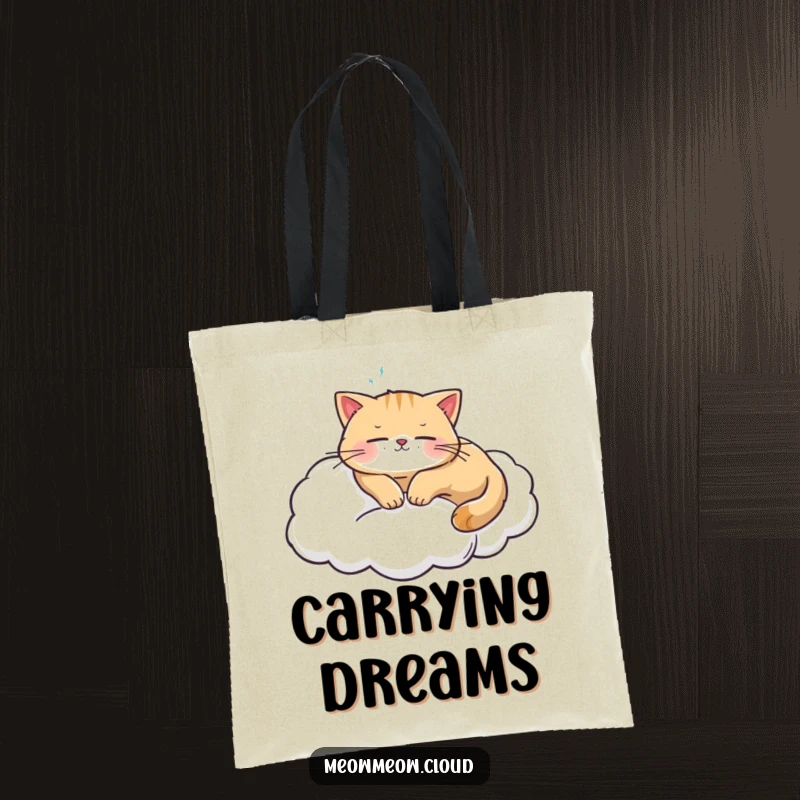 Funny cat sleeping on a cloud print on a tote bag, a soft and comforting accessory for daily use.