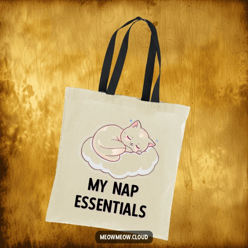 Funny sleeping cat on a cloud, a humorous tote bag for relaxed errands and funny gifts.