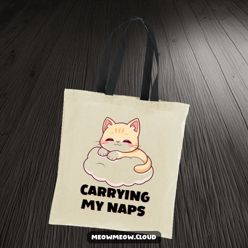 Funny tote bag featuring a cute cat character lounging on a fluffy white cloud, perfect for carrying essentials.