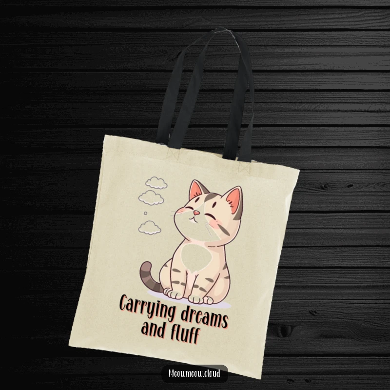 Funny tote bag with a contented cat watching tiny clouds drift by, perfect for carrying essentials with calm.