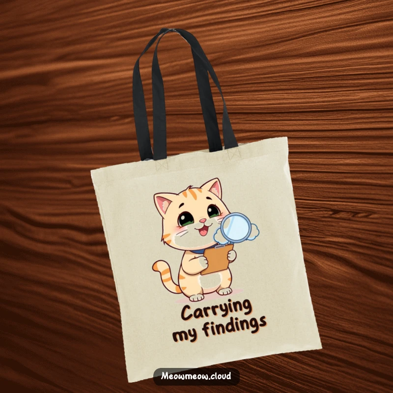 Funny cat inspector tote bag, a smiling cat with a clipboard uses a magnifying glass to inspect a cloud, perfect for stylish and humorous organization.