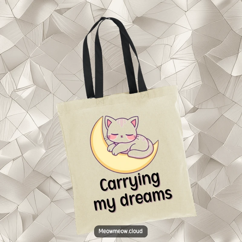 Funny tote bag with an adorable cat character peacefully napping on a crescent moon, perfect for carrying your peaceful essentials.