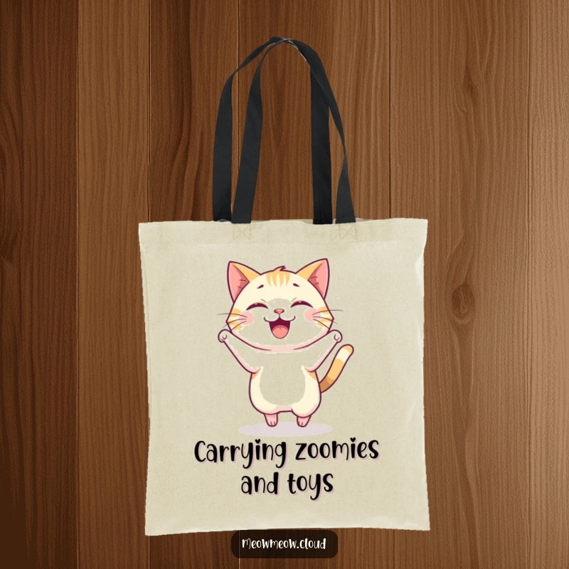 Funny tote bag showing a happy cat in a joyful pounce, perfect for carrying items with energy.