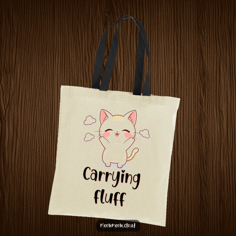Funny Tote Bag adorned with a playful cat character juggling small clouds, ideal for carrying essentials with a dose of sky-high humor.