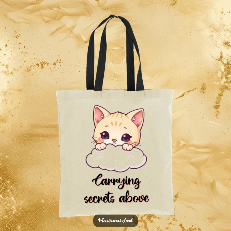 Funny cat tote bag featuring a curious cat looking over a cloud, ideal for carrying daily items with a touch of whimsy.