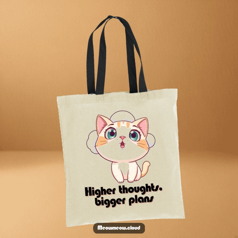 Funny curious cat looking down from a cloud with wide, amazed eyes, a high-quality, humorous tote bag for a funny gift.
