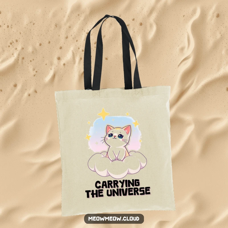 Funny tote bag with a dreamy cat character gazing at stars from a cloud, a charming and inspiring accessory.