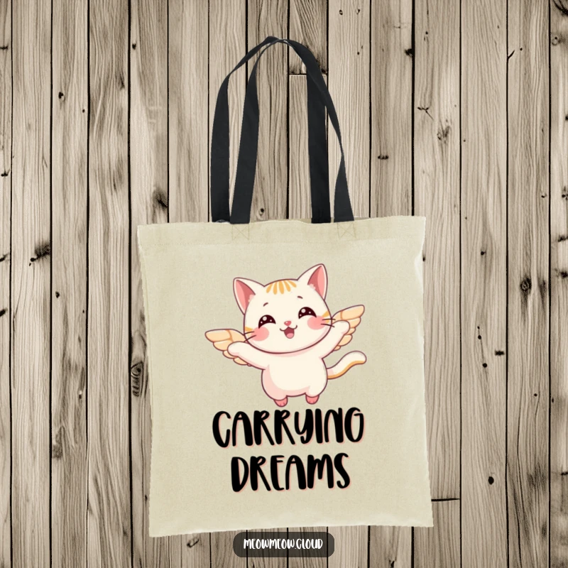 Funny Tote Bag adorned with a cheerful cat character sporting small wings, flying with joy, symbolizing lightheartedness and fun carry-all.