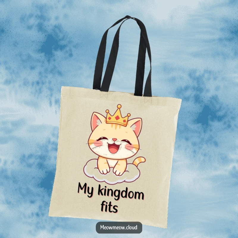 Funny cat tote bag with a joyful cat wearing a crown on a cloud, serving as a stylish and humorous accessory.