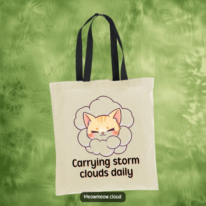 Funny tote bag showcasing a mischievous cat hiding behind a cumulonimbus cloud, great for daily use.