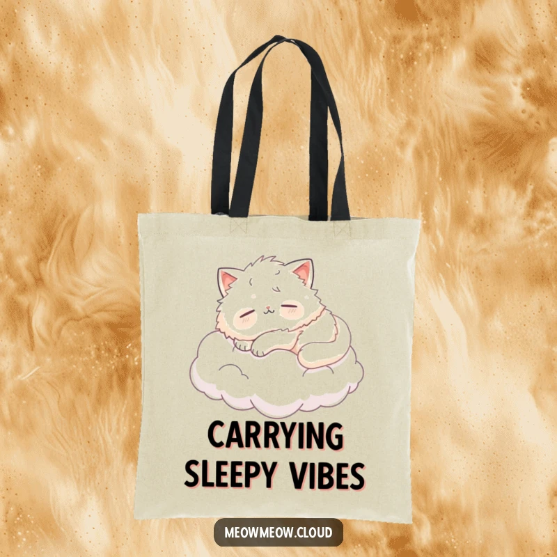 Funny fluffy cat napping on a cloud, a humorous and practical tote bag for carrying dreams.