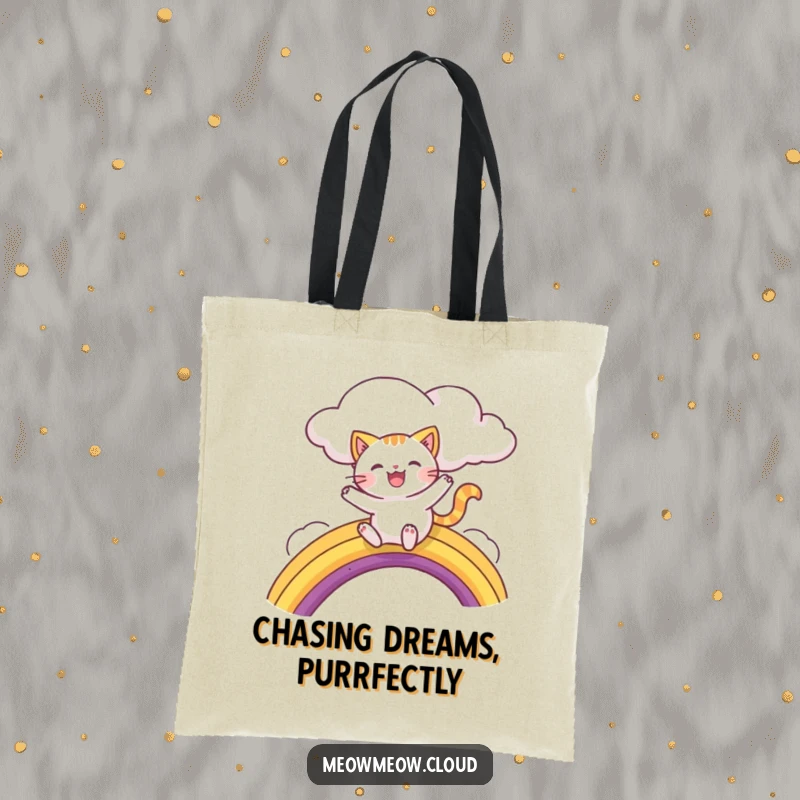 Funny tote bag showcasing a happy cat character embarking on a colorful rainbow slide from a cloud, radiating happiness.