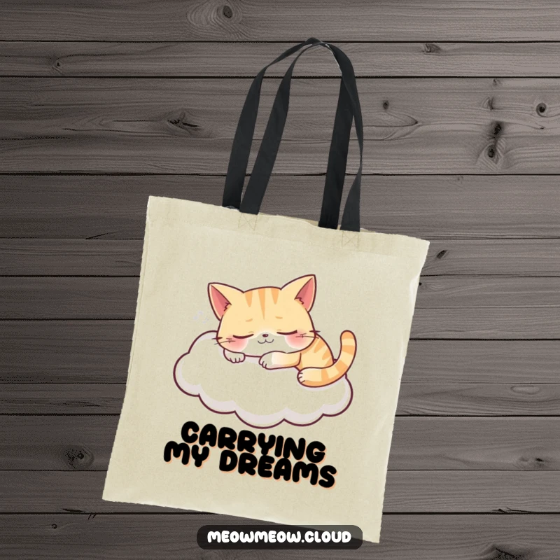 Funny tote bag with a grinning cat sleeping on a cloud, a charming and practical accessory for carrying comfort.