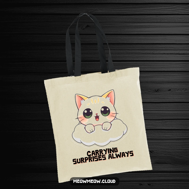Funny cat tote bag with a surprised cat's wide eyes as it floats on a cloud, a humorous and practical accessory.