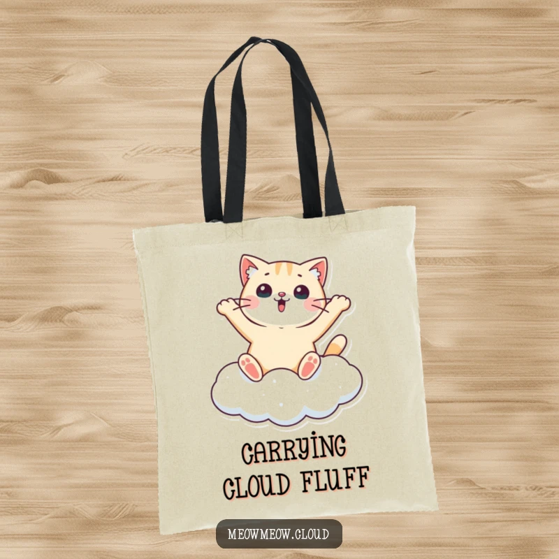Funny tote bag featuring a surprised cat making a snow angel on a cloud, ideal for carrying items with whimsical pet humor.