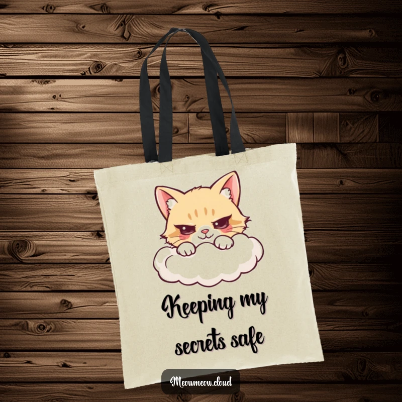 Funny tote bag with a mischievous cartoon cat hiding behind a cloud edge.