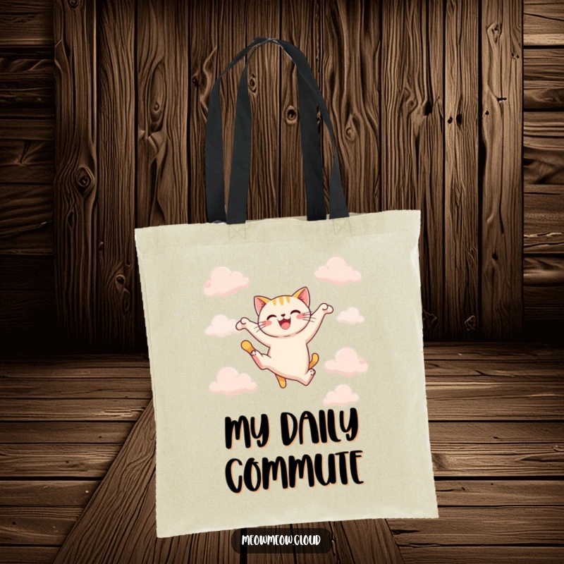 Funny joyful cat mid-leap between clouds, a humorous tote bag for active outings and funny gifts.