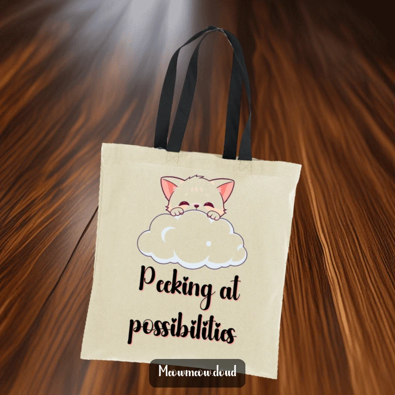 Funny curious cat peeking over the edge of a cloud, a humorous and practical tote bag for carrying treasures.